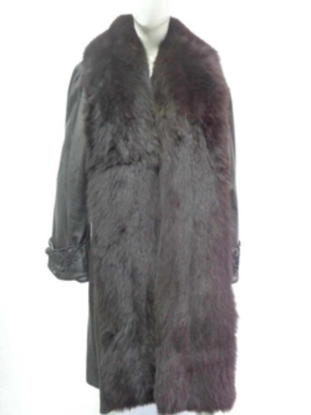MINT BROWN FOX FUR TRIMMED BLACK LEATHER COAT JACKET WOMEN WOMAN SIZE 4-6 SMALL